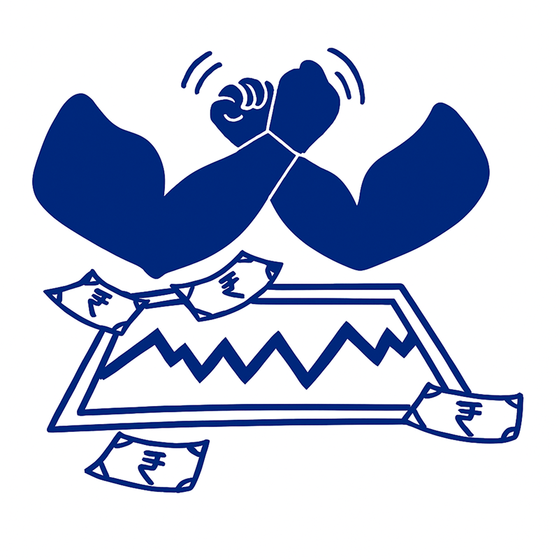 Illustration of two strong arms flexing above a rising line graph with floating rupee notes, representing investment growth and rebalancing.