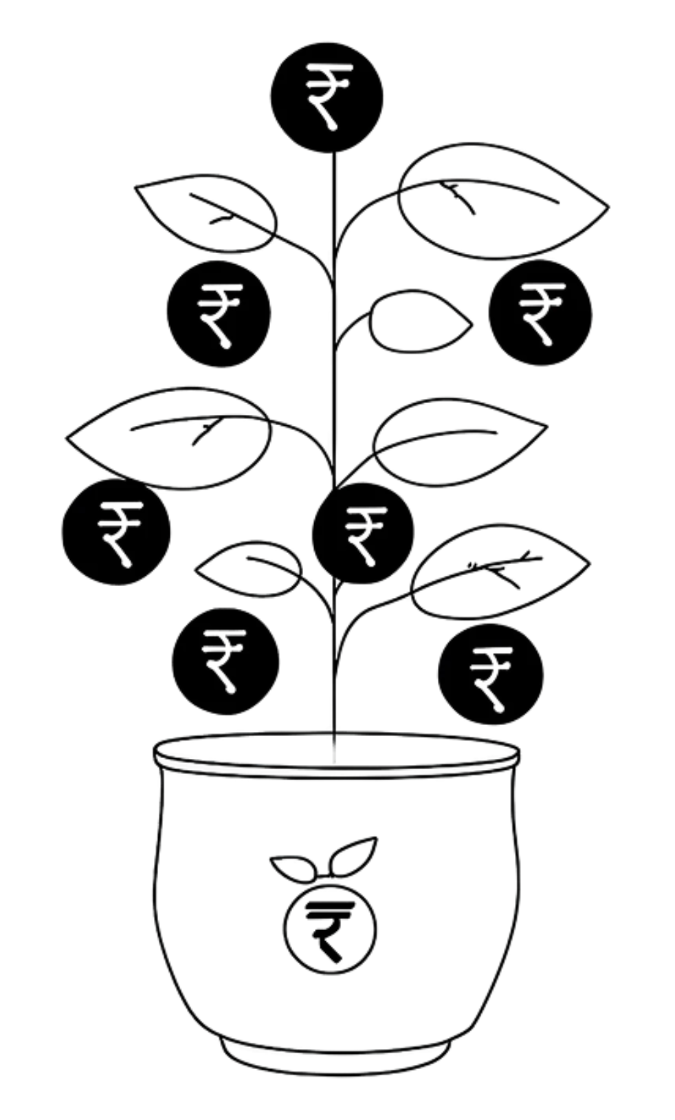 Illustration of a potted plant with leaves and rupee symbols, symbolizing financial growth and investment opportunities, accompanying the ‘Get In Touch With PB Shruti’ section