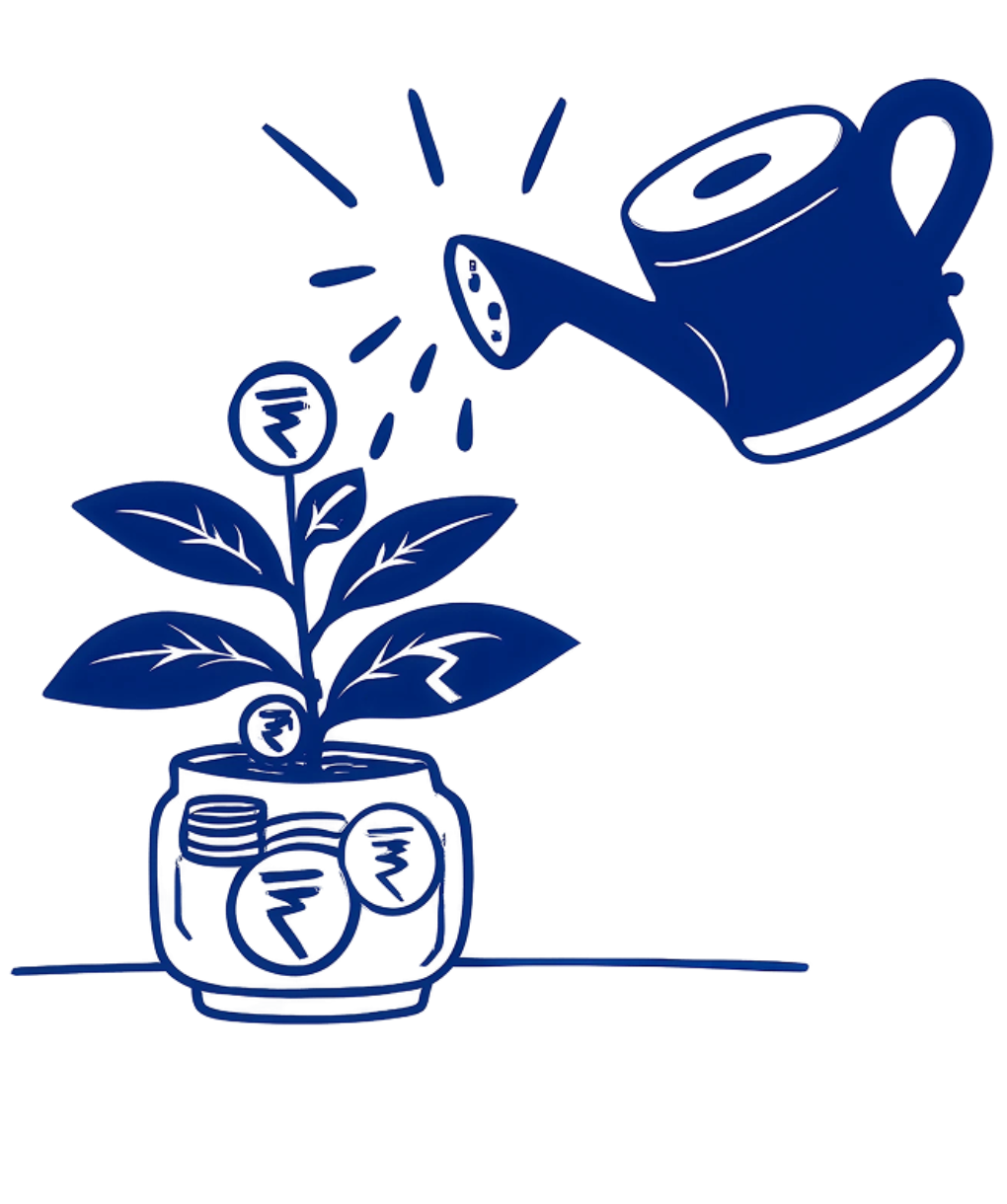 Illustration of a watering can pouring water onto a money plant growing from a pot filled with coins, symbolizing investment growth.