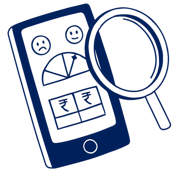 Illustration of a smartphone displaying a financial chart and rupee symbols, with a magnifying glass over it, representing portfolio tracking and rebalancing reports.