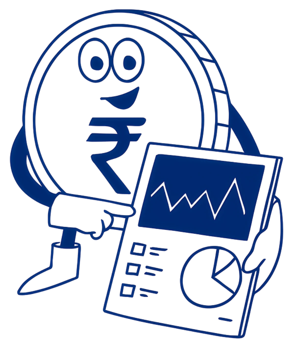 Illustration rupee coin character smiling and holding a chart showing investment growth.