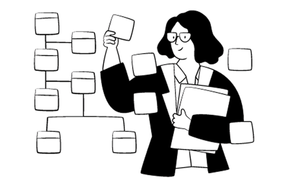 Illustration of a person analyzing charts and documents, representing the screening stage in research methodology.