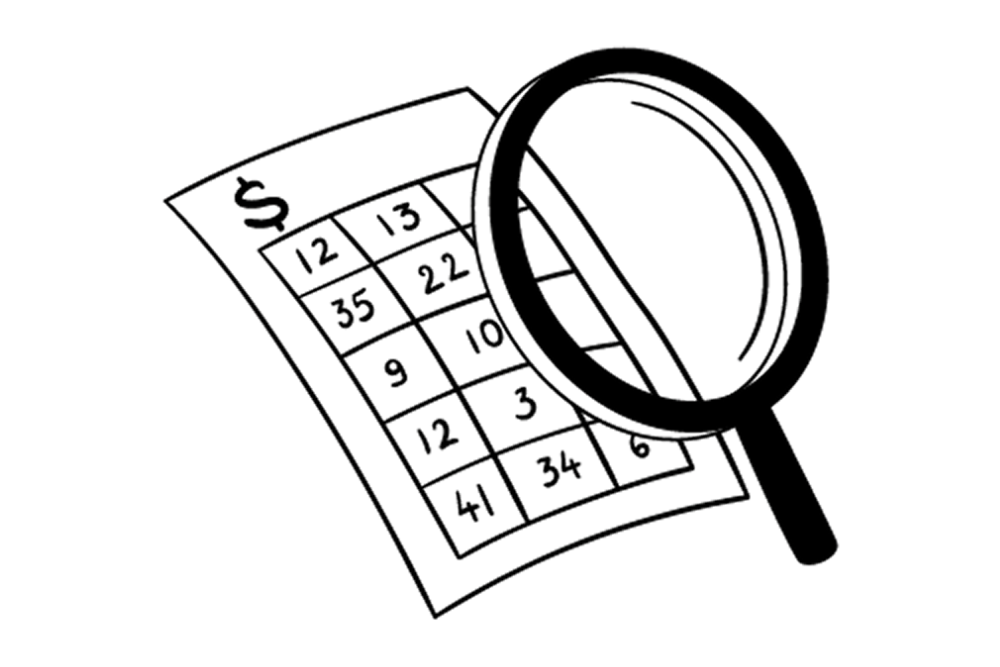 Magnifying glass over spreadsheet icon, symbolizing validation of shortlisted stocks.