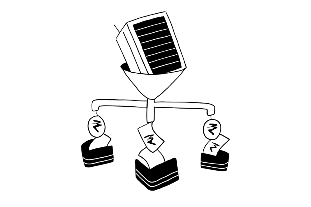 Weighing scales with asset icons, depicting portfolio allocation based on conviction and valuation.