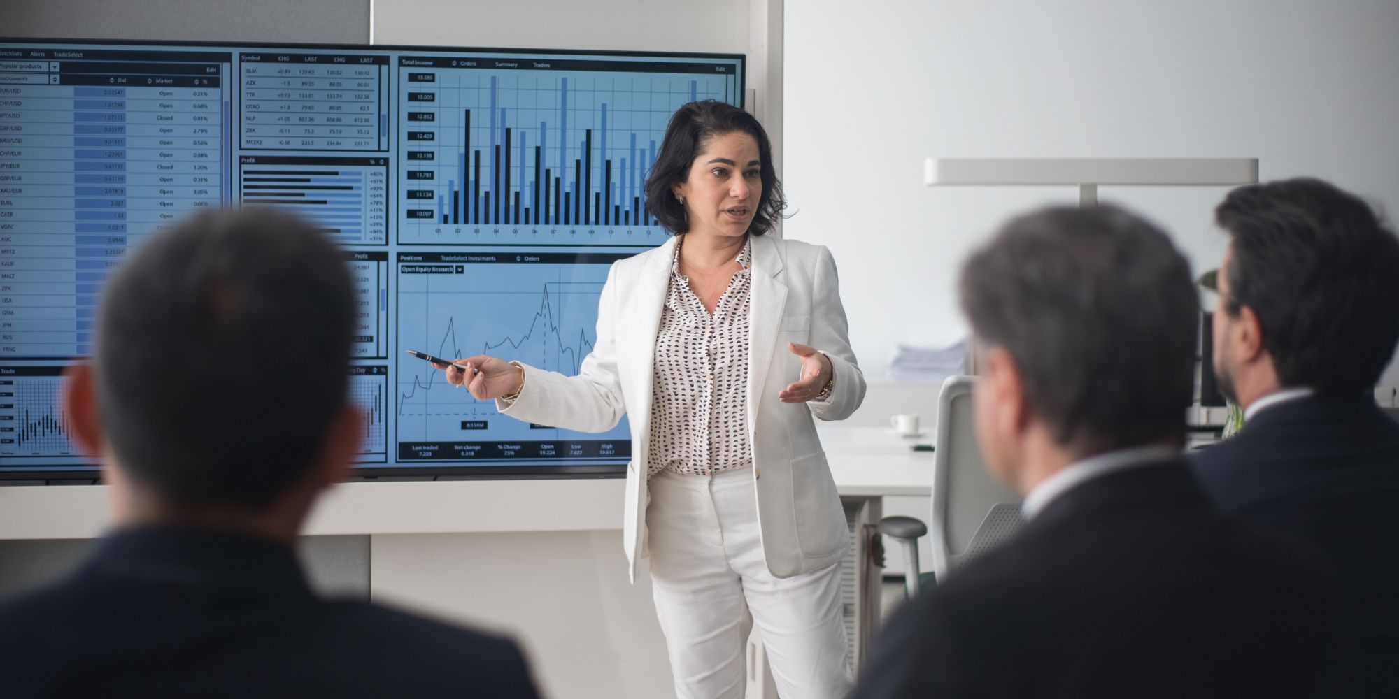 Businesswoman presenting financial charts to a group of colleagues in a conference room, representing stock analysis