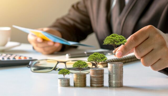 Hands stacking coins with small plants growing on them, symbolizing long-term investment growth