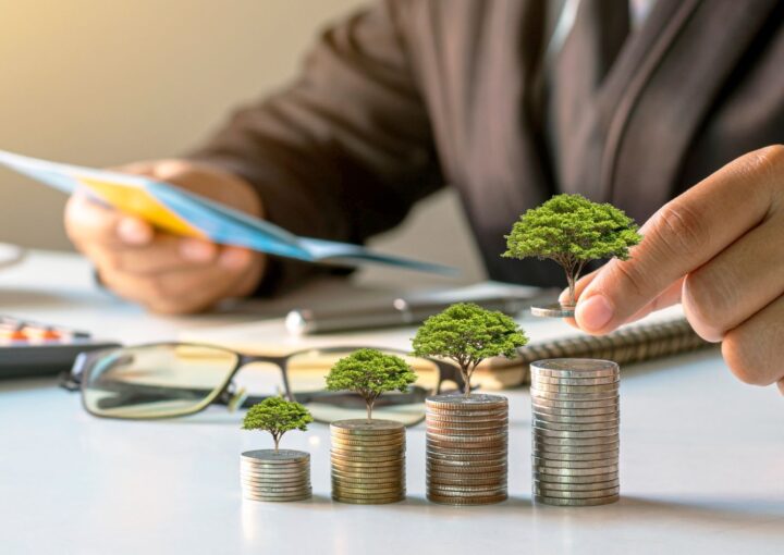 Hands stacking coins with small plants growing on them, symbolizing long-term investment growth