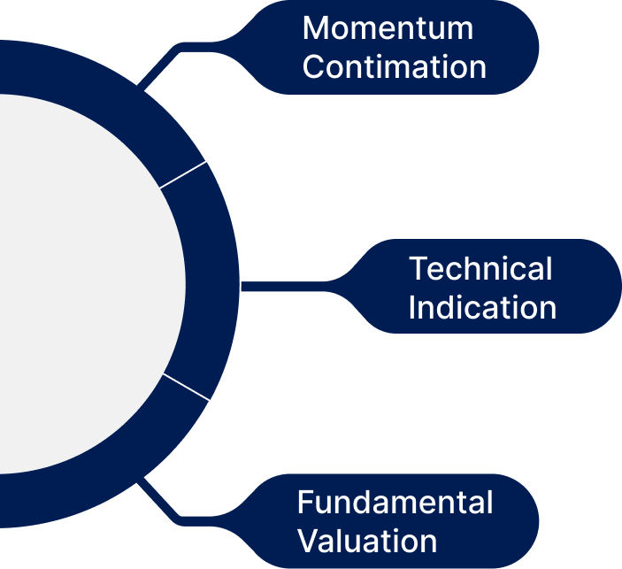 Circular diagram illustrating investment pricing approach based on momentum, technical, and fundamental valuation.